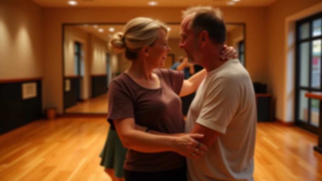 Mature adults dancing together in a studio with warm lighting and wooden floors