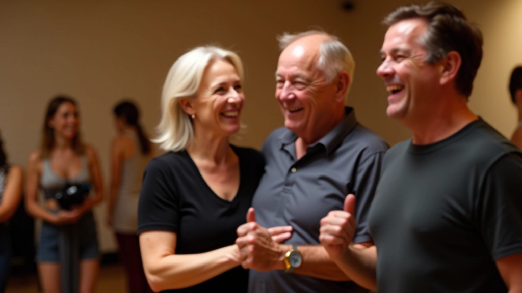 Diverse group of adults smiling and socializing during a dance class break