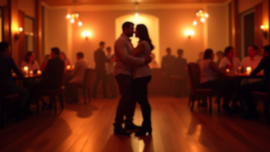 Dancers enjoying a social bachata evening at an indoor venue with warm atmospheric lighting