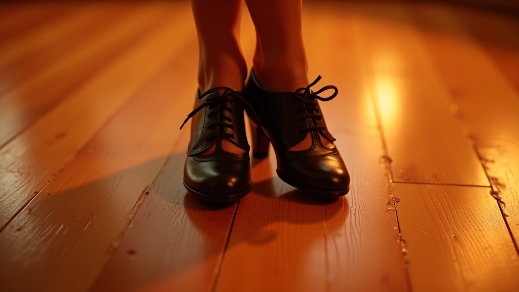 Pair of dance shoes on shiny wooden dance floor