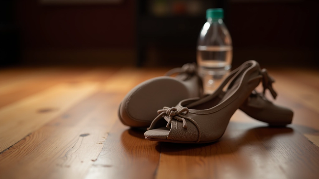 Dance shoes and water bottle on a dance floor, representing preparation for a bachata class