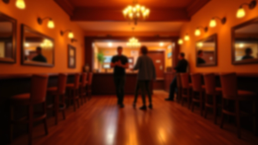 Interior of dance venue with warm amber lighting and dance floor