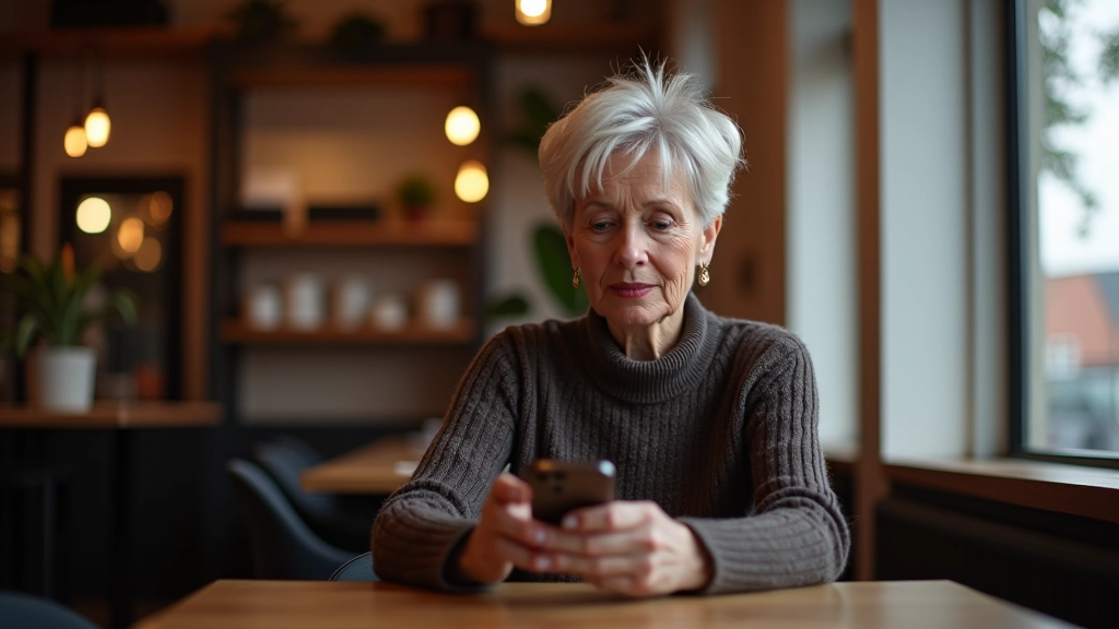 Person looking at smartphone with event listings, coffee shop setting, warm natural lighting
